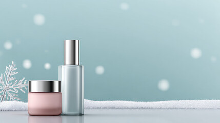 Winter Glow Skincare Flat Lay Holiday sale at a beauty clinic, minimalist skincare bottles, matte snow border, soft pastel background