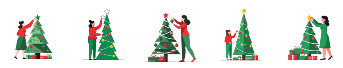 Family Decorating Christmas Tree Mother and Daughter Flat Vector Illustration Set