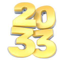 Golden glossy 3D numbers representing the year 2033, standing proud on a reflective isolated background.