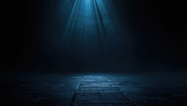 Empty urban street scene, dark reflections on wet pavement, neon light rays and figures, atmospheric night view - Powered by Adobe