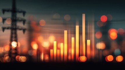 Abstract financial growth chart with blurred city lights and power lines in the background showcasing modern urban landscape and technology advancements