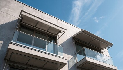 A contemporary architectural building facade featuring awnings, highlighting urban design efficiency