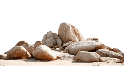 A cluster of weathered natural stones and pebbles on a sandy surface isolated on transparent background