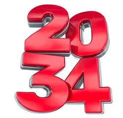 Vibrant glossy red 2034 digits with metallic silver trim, representing the upcoming year and future events.