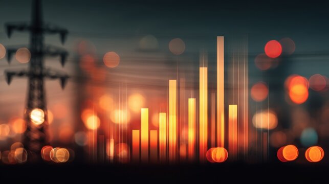 Abstract financial growth chart with blurred city lights and power lines in the background showcasing modern urban landscape and technology advancements