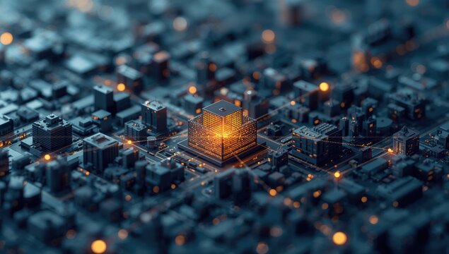 Modern city diorama featuring a wireless sensor network, showcasing information communication technology, efficiency