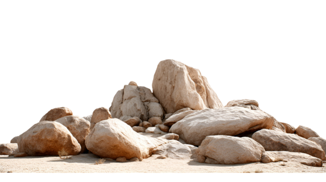 A cluster of weathered natural stones and pebbles on a sandy surface isolated on transparent background