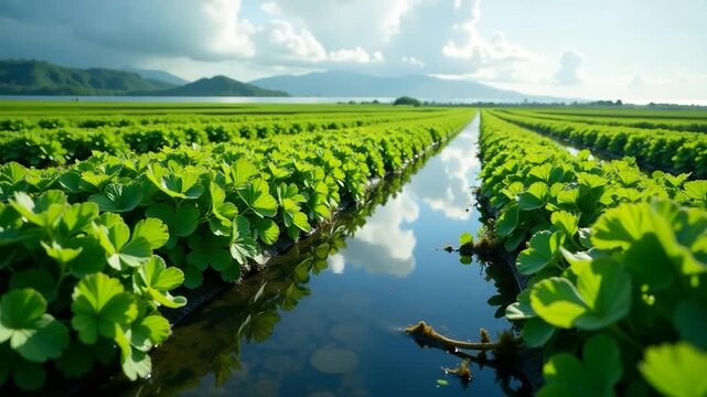 Video A lush green field of lettuce grows in the center of a calm lake, surrounded by water