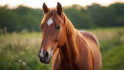 Naklejka premium Close-up of a horse in a pasture, showcasing the equine features and natural setting, highlighting tranquility