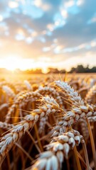 Golden wheat harvest at sunset agricultural field nature photography rural landscape close-up view agriculture concept
