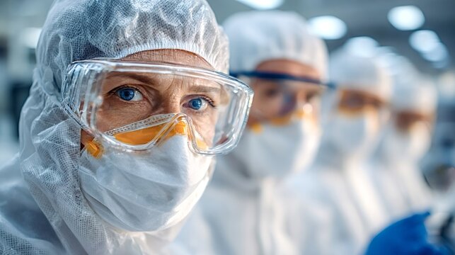 Team of medical researchers in protective hazmat suits, safety goggles, and face masks working in a sterile laboratory environment, focusing on disease prevention and scientific breakthrough