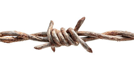 Close up of rusty barbed wire with sharp points isolated on transparent background