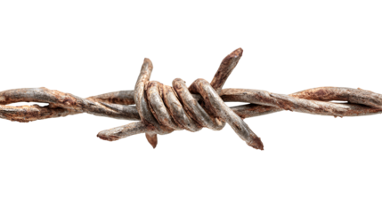 Close up of rusty barbed wire with sharp points isolated on transparent background
