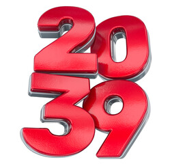 3D Red Metallic Year 2039: Futuristic Design with Chrome Edge Detailing Isolated on Transparent Background