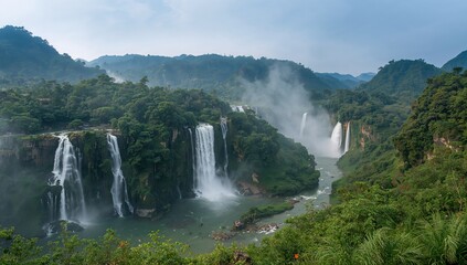 Majestic waterfall cascading in a lush forest, showcasing nature's beauty, preservation