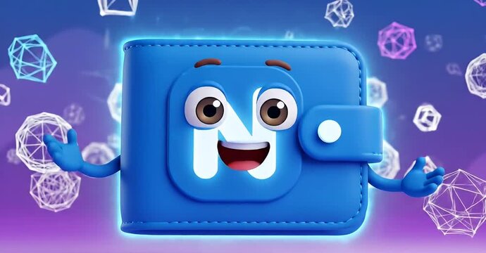 Cartoon wallet character with arms and face, surrounded by geometric shapes.