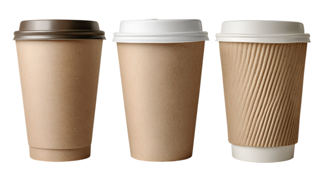 Three disposable paper coffee cups with lids and a sleeve isolated on transparent background