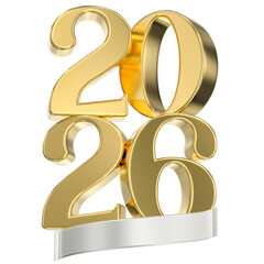 3D Rendering of Golden 2026 Numbers and Silver Banner Isolated for New Year Celebration and Anniversary Events