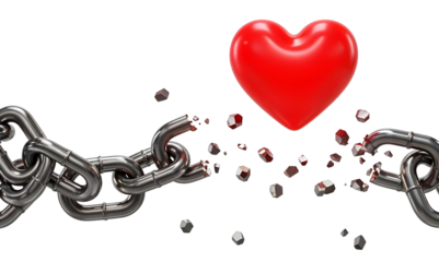 Liberation through healing — heart shattering metal chains, isolated on transparent background, png