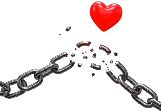 Liberation through healing — heart shattering metal chains, isolated on transparent background, png