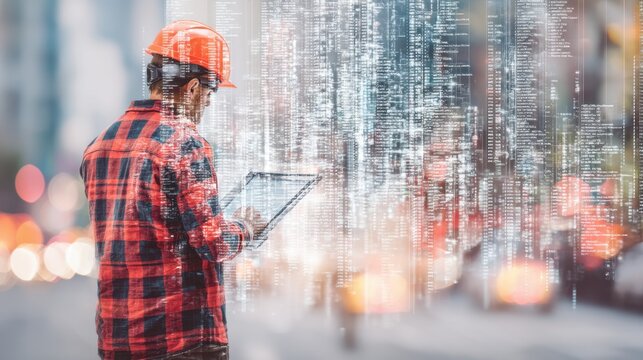Technology and Construction Collaboration: Worker Analyzes Data on Digital Tablet with Overlay of Binary Code in Urban Setting - Powered by Adobe