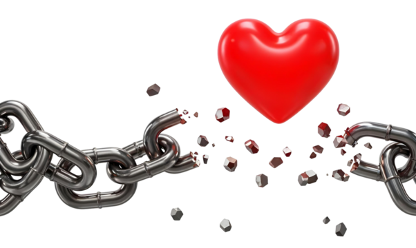 Liberation through healing — heart shattering metal chains, isolated on transparent background, png