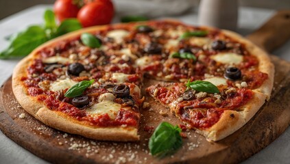 Delicious pizza topped with meat, olives, tomatoes, mushrooms, basil, and mozzarella served on a wooden board, protein-rich meal
