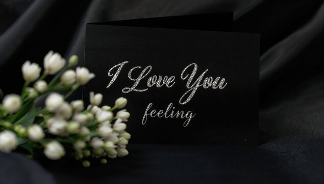 Message card with love sentiment and white flower bouquet on black backdrop, suitable for romantic occasions