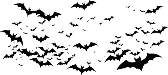 A swarm of black silhouette bats flying in a chaotic pattern 