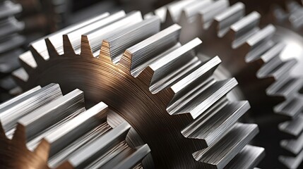 Close up view of metal gears interlocking within a mechanical system, representing concepts of precision, engineering, industry, teamwork, and connected technology