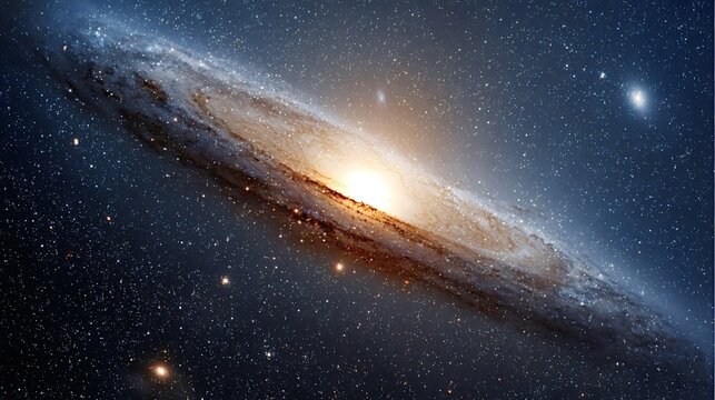 Andromeda galaxy presenting its spiral arms and bright core, composed of countless stars and gas clouds, set against a dark starry background of the vast universe