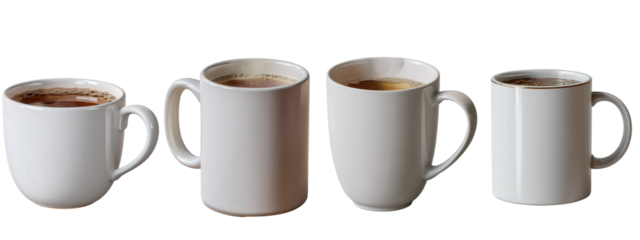 A row of four pristine white ceramic mugs, each filled with a steaming, dark, comforting beverage, perfect for a warming morning routine or a relaxing break, evoking a sense of calm and daily ritual