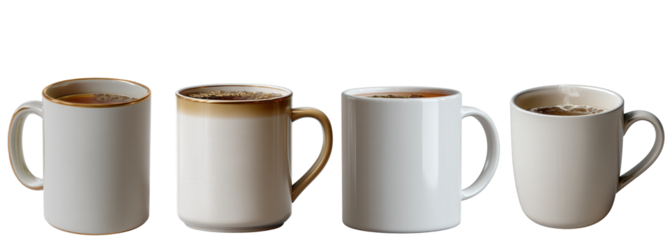 Diverse ceramic mugs, each filled with a dark, comforting hot beverage, elegantly displayed on a clean white background, perfect for morning coffee or afternoon tea