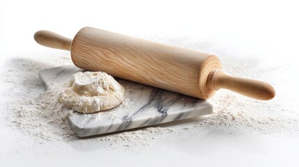 Fresh dough ball and wooden rolling pin on marble surface covered with flour, perfect for baking and pastry preparation concepts
