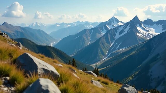 Video A scenic view of a mountain range with snow-capped peaks in the distance, ideal for use in travel or outdoor adventure projects
