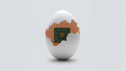 Cybernetic organism concept featuring a semiconductor microchip within an eggshell, highlighting technological innovation
