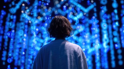 Person Looking at Blue Digital Data in Abstract Background with Floating Numbers and Binary Code in Futuristic Environment