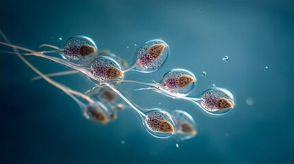 Obraz premium Microscopic cells resembling tadpoles, appearing encapsulated with granular structures, floating in a clear blue liquid, showcasing intricate cellular biology and potential early life forms