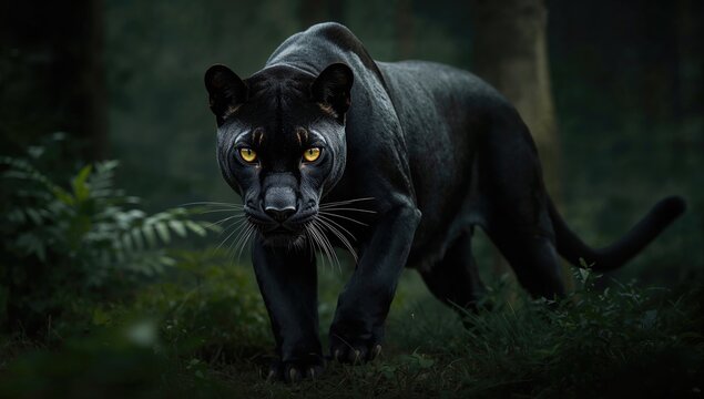 Wild black panther in Khao Yai, observing its natural habitat, endangered species awareness - Powered by Adobe