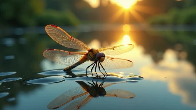 Video A dragonfly sits on the surface of calm water, its wings spread out in a relaxed pose