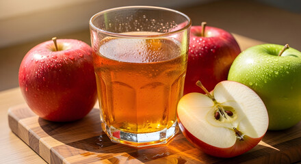Clear glass of apple juice surrounded by fresh red and green apples on wood