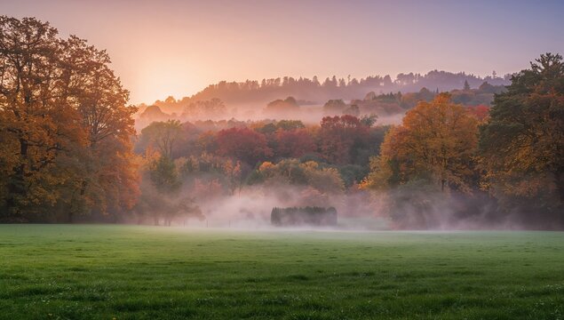 A foggy dawn brightens a beautiful fall scene of leafy trees on a grassy field in rural surroundings.