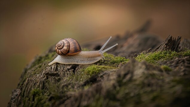 A snail gliding over a moss-covered stone, highlighting the delicacy of slow movement in nature
