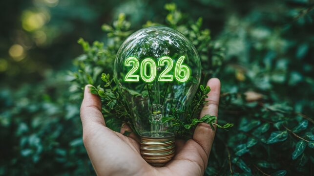 Hand Holding Light Bulb Surrounded by Greenery with 2026 Emblazoned for Concept of Sustainable Future and Eco-Friendly Innovations in Nature