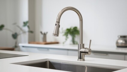 Metal faucet with integrated soap dispenser in kitchen, efficiency
