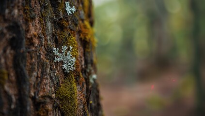 Obraz premium Lichen moss attached to tree bark, showcasing natural texture and ecological interaction