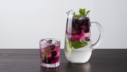 Refreshing detox water infused with mint and blackberries, served chilled with ice on a rustic wooden surface. Space for text. Healthy lifestyle concept.
