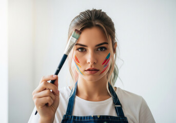 Obraz premium A young woman, holding a paintbrush, with colorful paint strokes on her face, gazing directly at the viewer.