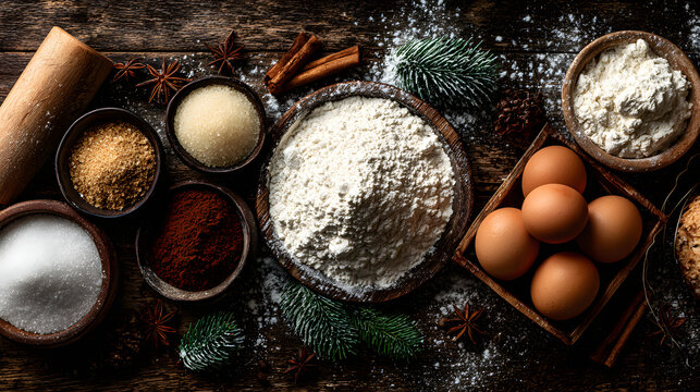 Christmas baking ingredients with fir tree decoration Flour brown sugar eggs spices Top view bakery background - Powered by Adobe