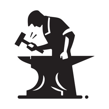 Blacksmith at Anvil vector silhouette outline logo design concept illustration